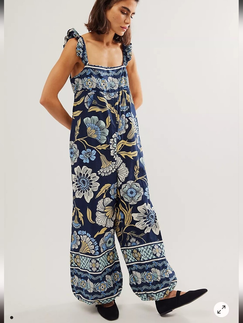 Free People Navy Floral Wide-Leg Smocked Jumpsuit